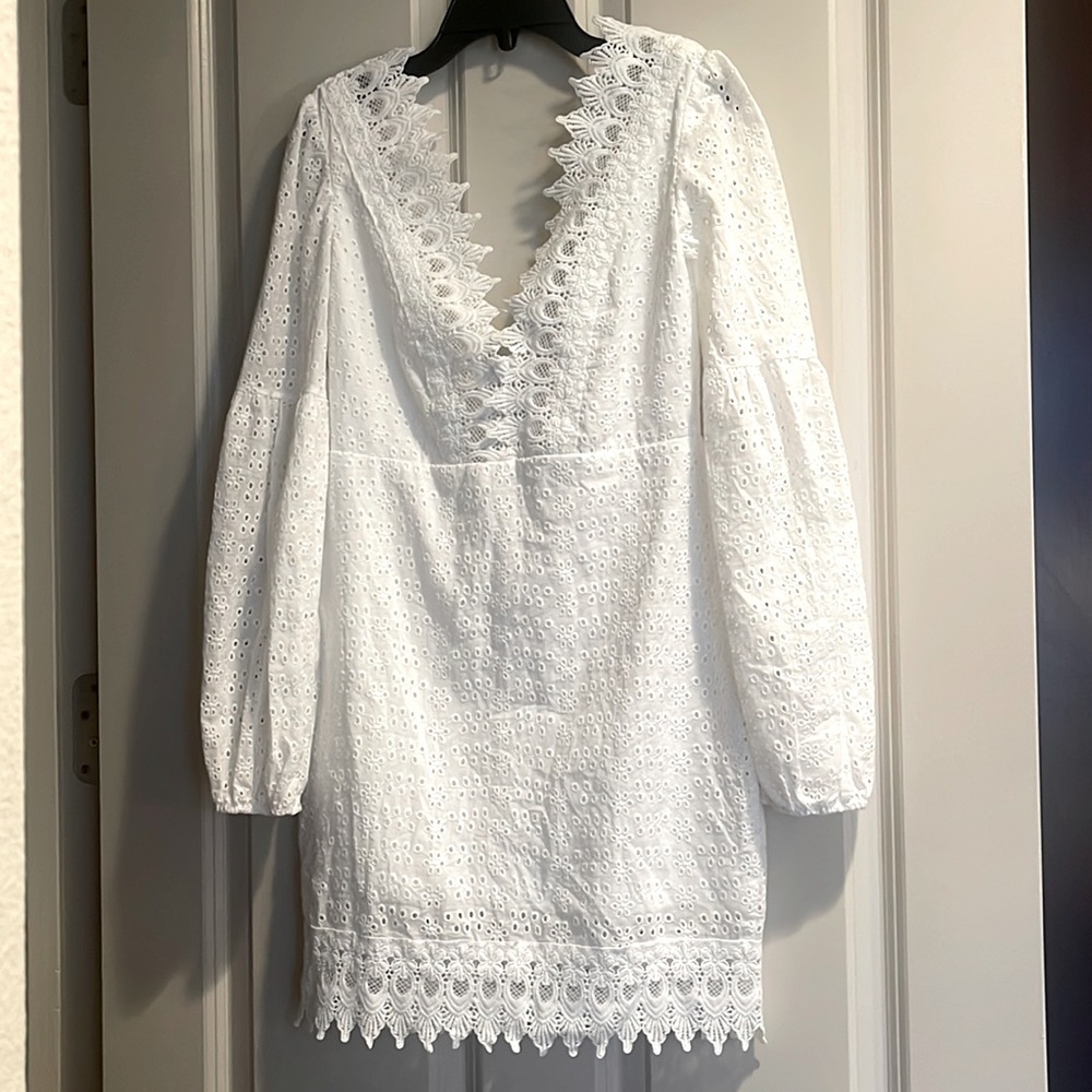 White Eyelet Embroidered Deep V-Neck Long Sleeve Mini Dress Rodeo Western Summer